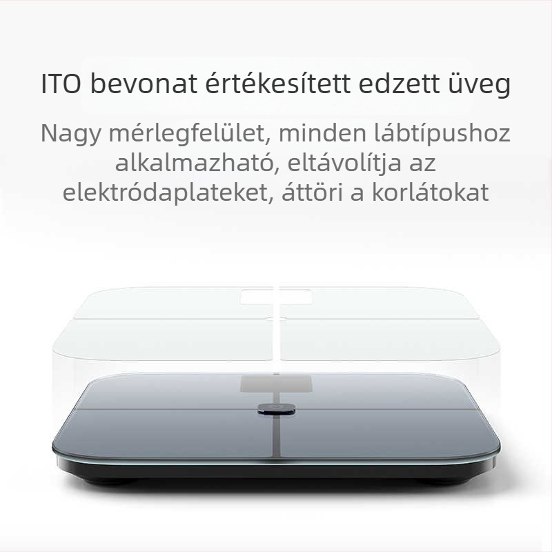 Intelligens testzsír mérő ITO fejlett vezető filmdel; méri a testzsírt és a testben lévő vizet, G-típusú érzékelő, Bluetooth 10 m-ig, mérési tartomány 0,2–150 kg, LED kijelző, Android és iOS kompatibilis