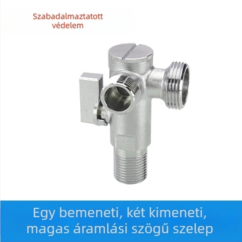Réz anyagú, nagy átbocsátású szögletes szelep okos vécéhez, menetes csatlakozás, 1 bemenet, 2 kimenet, 1,6 MPa működési nyomás