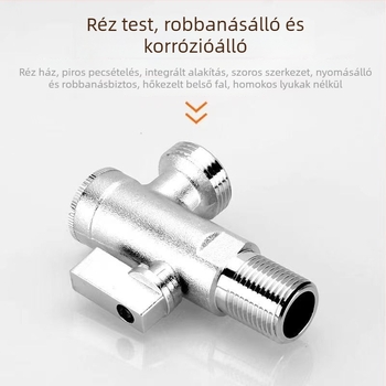 Réz anyagú, nagy átbocsátású szögletes szelep okos vécéhez, menetes csatlakozás, 1 bemenet, 2 kimenet, 1,6 MPa működési nyomás