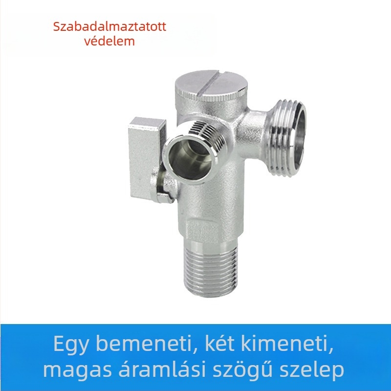 Réz anyagú, nagy átbocsátású szögletes szelep okos vécéhez, menetes csatlakozás, 1 bemenet, 2 kimenet, 1,6 MPa működési nyomás