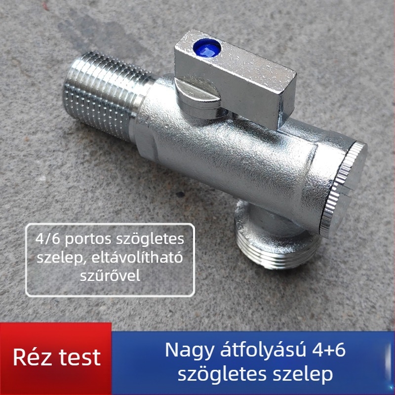 Réz anyagú, nagy átbocsátású szögletes szelep okos vécéhez, menetes csatlakozás, 1 bemenet, 2 kimenet, 1,6 MPa működési nyomás