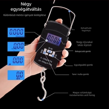 Hordozható digitális mérleg nagy precizitással és kampóval, modell DZCSDC, akkumulátoros működés