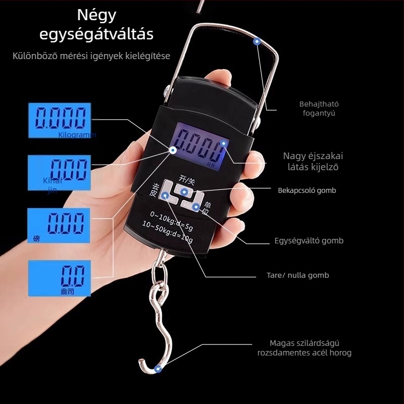 Hordozható digitális mérleg nagy precizitással és kampóval, modell DZCSDC, akkumulátoros működés