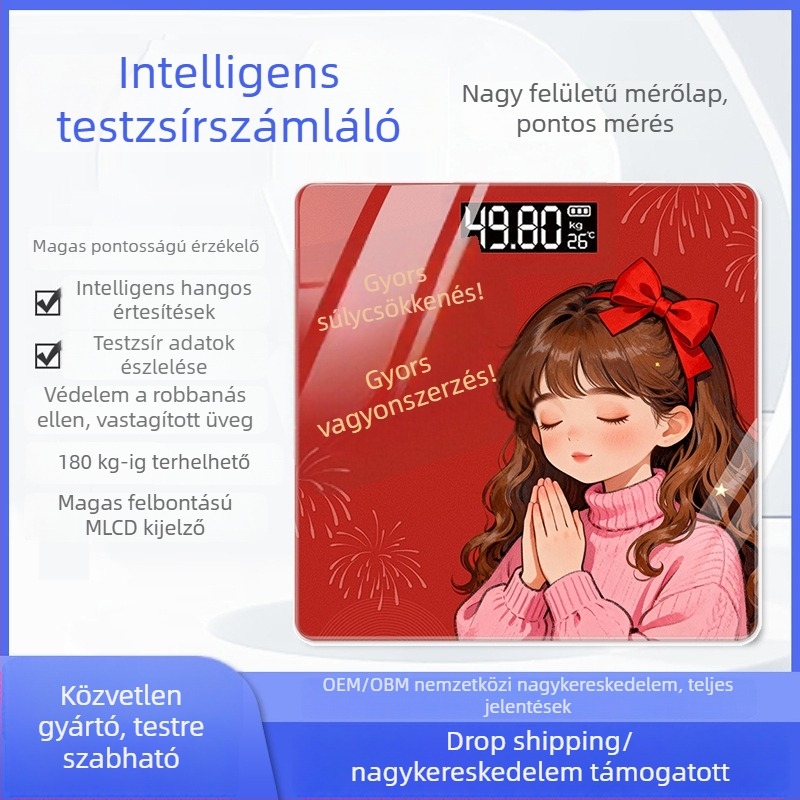 Testzsírmérleg - méri a testtömeget, a testzsírt, a kalóriákat és a víztartalmat (USB töltés; max 360 jin)