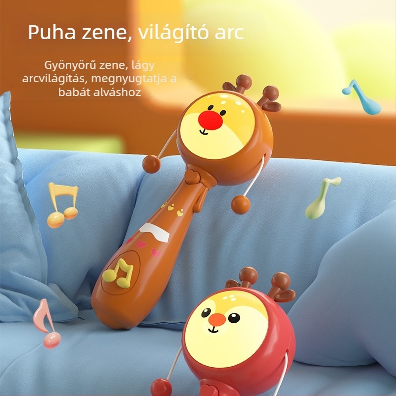 Elektromos világító zenélő babajáték, kézben tartható, műanyagból, 0–3 éveseknek, fejleszti a hallást, látást és a kéz-szem koordinációt.