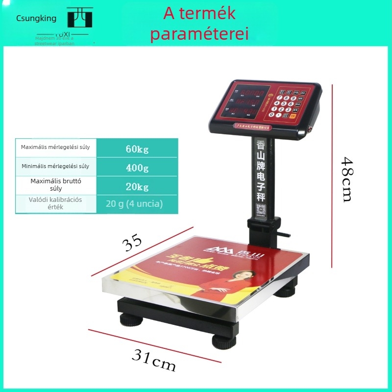 Xiangshan Tcs-60 digitális platformmérleg, 0-60 kg, elektronikus mérés, 6V tápegység, multifunkcionális