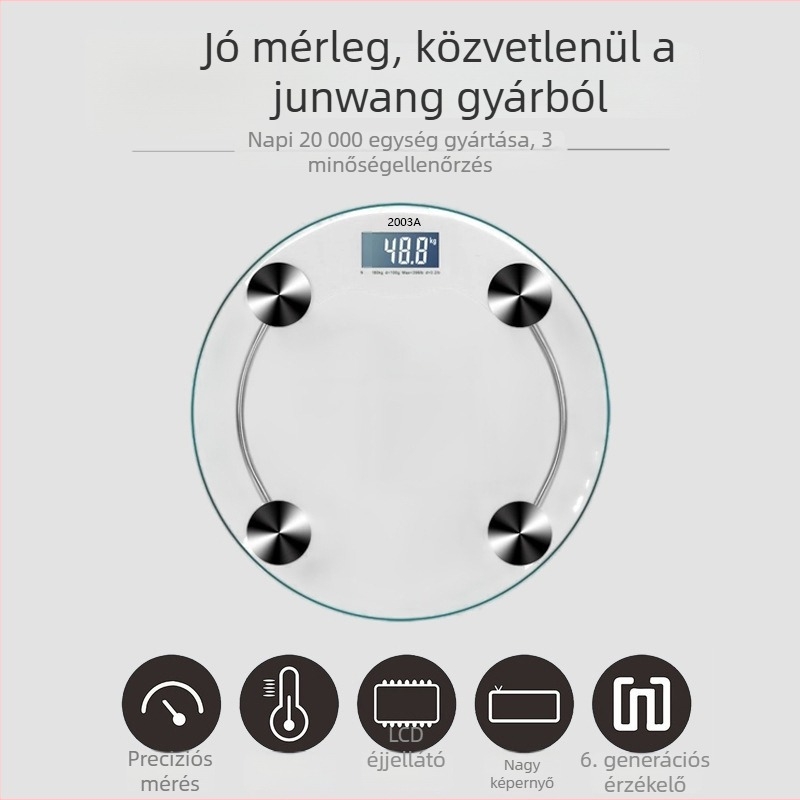 Kerek üvegből készült digitális testsúlymérő otthoni használatra – testtömeg mérése, 150 kg kapacitás