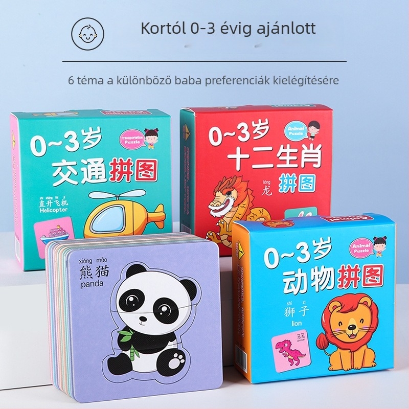 0–3 éveseknek készült, 12 darabos, kétoldalas állatos puzzle, oktató, papíralapú, DIY