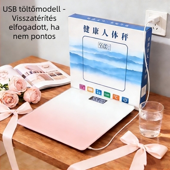 Üvegplatformos testtömeg-mérleg, 180 kg teherbírás, 2 hüvelykes kijelző, érintő- és gombos működés, 5 m-ig terjedő vezeték nélküli hatótávolság