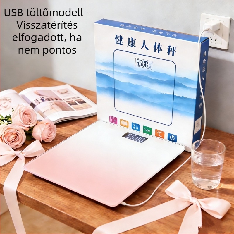 Üvegplatformos testtömeg-mérleg, 180 kg teherbírás, 2 hüvelykes kijelző, érintő- és gombos működés, 5 m-ig terjedő vezeték nélküli hatótávolság