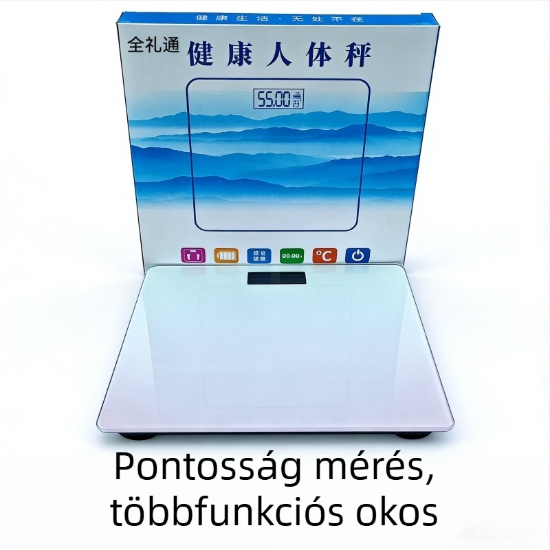 Üvegplatformos testtömeg-mérleg, 180 kg teherbírás, 2 hüvelykes kijelző, érintő- és gombos működés, 5 m-ig terjedő vezeték nélküli hatótávolság