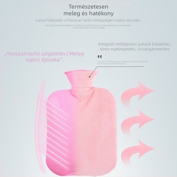 Vízfeltöltős melegítőzsák textilborítással és műanyag belsővel, kapható nagy, közepes, kicsi és mini méretekben.