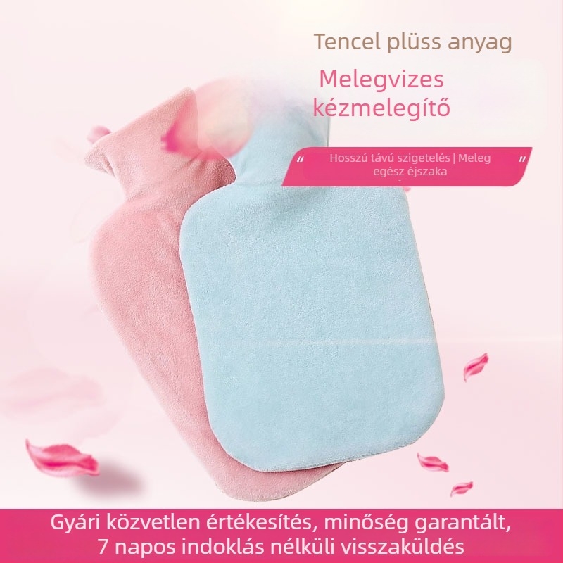 Vízfeltöltős melegítőzsák textilborítással és műanyag belsővel, kapható nagy, közepes, kicsi és mini méretekben.