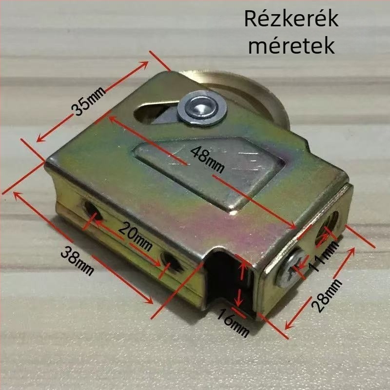73-as típusú görgős csúszóajtó- és ablakhardver, alumíniumötvözet, antik réz felület, márka Unique