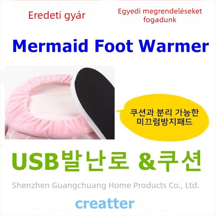 Creater Mermaid USB lábmelegítő papucs, velúr felsőrész, TPE talp, unisex, otthoni papucs