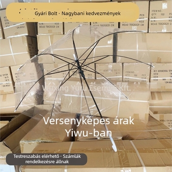 Átlátszó hosszú nyeletű esernyő, vasvázas 8 bordával, műanyag fogantyú, félautomata nyitás, logó nyomtatás lehetséges