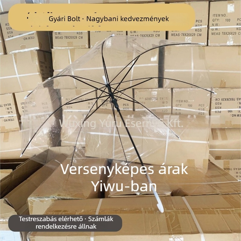 Átlátszó hosszú nyeletű esernyő, vasvázas 8 bordával, műanyag fogantyú, félautomata nyitás, logó nyomtatás lehetséges