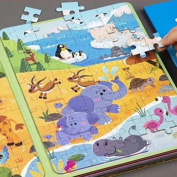 Mágneses puzzle tábla összecsukható tárolóval – állatok, közlekedés és dinoszaurusz témák; Többfunkciós, DIY, 4–6 éveseknek