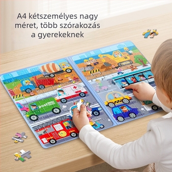 Mágneses puzzle tábla összecsukható tárolóval – állatok, közlekedés és dinoszaurusz témák; Többfunkciós, DIY, 4–6 éveseknek