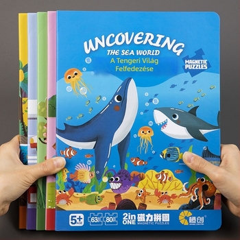 Mágneses puzzle tábla összecsukható tárolóval – állatok, közlekedés és dinoszaurusz témák; Többfunkciós, DIY, 4–6 éveseknek