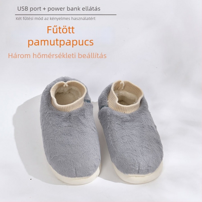 Újrat tölthető USB-s fűtött papucsok, állítható hőmérséklet - uniszex beltéri lábbeli, velúr felsőrész, EVA talp