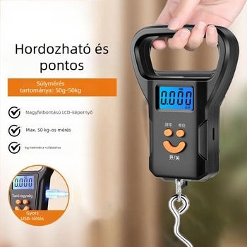Kézben tartható elektronikus mérleg rugós mechanizmussal és kampóval, USB tápegység, testsúly mérés, 50 kg kapacitás