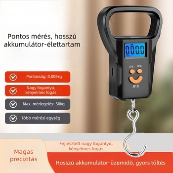 Kézben tartható elektronikus mérleg rugós mechanizmussal és kampóval, USB tápegység, testsúly mérés, 50 kg kapacitás