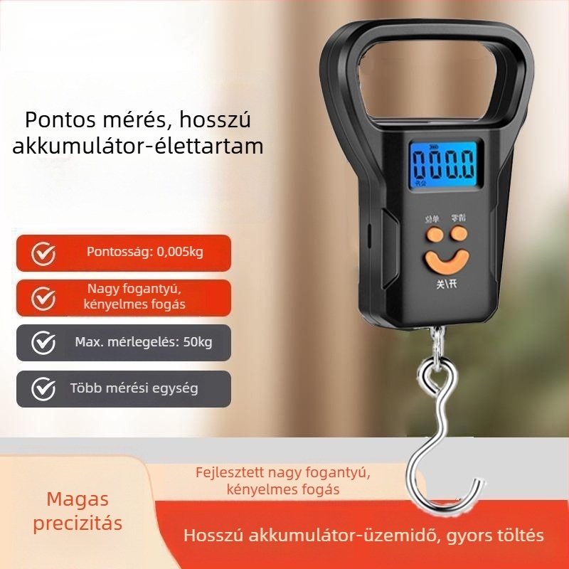 Kézben tartható elektronikus mérleg rugós mechanizmussal és kampóval, USB tápegység, testsúly mérés, 50 kg kapacitás
