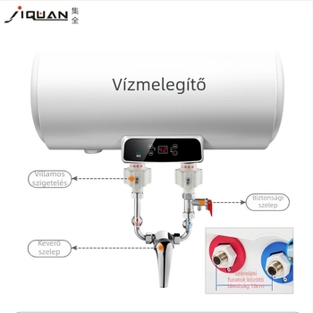 U‑alakú réztestű felületre szerelhető keverőcsap elektromos vízmelegítőhöz, forró és hideg víz keverése, modell Jq-1013, üzemi nyomás 0.6, forró víz 80°C, kimeneti áramlás 1