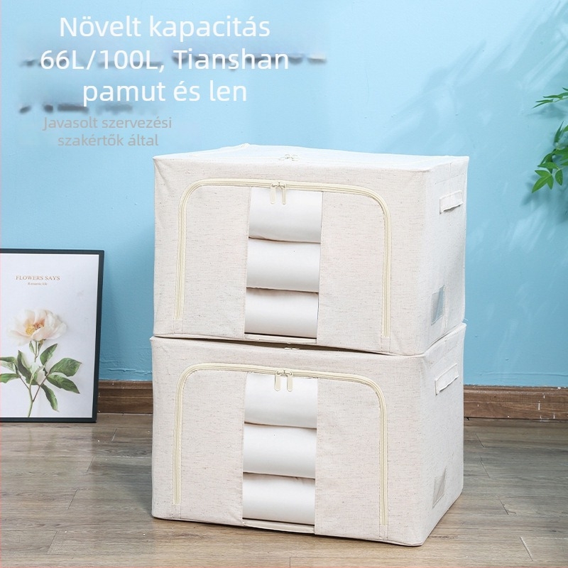 Szezonális ruhák tároló doboza, Tianshan pamut- és lenanyagból, kapacitás 100–150 L, összecsukható és átlátszó, fedéllel