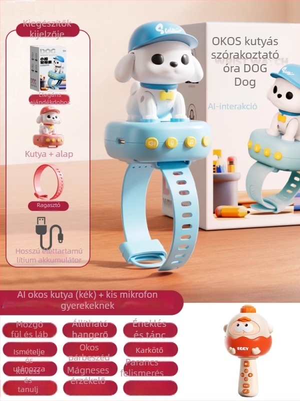 Kutyus formájú okos AI-óra játék a korai oktatáshoz: hangalapú párbeszéd és történetismétlés, ABS anyag, elemmel működik (0–3 év)