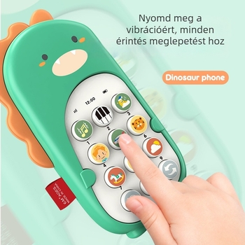 Dínó alakú bébi telefon játék, zenei funkcióval és rágóval, műanyagból, elemmel működik