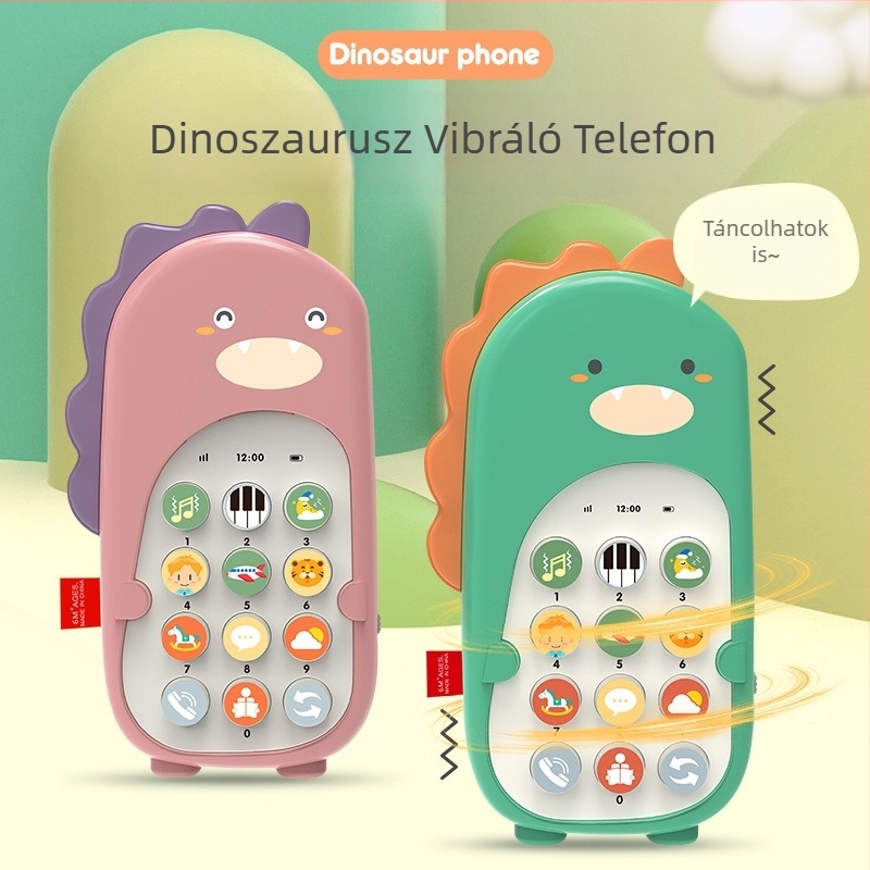 Dínó alakú bébi telefon játék, zenei funkcióval és rágóval, műanyagból, elemmel működik