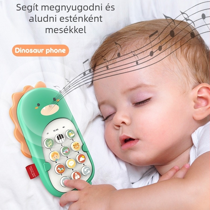Dínó alakú bébi telefon játék, zenei funkcióval és rágóval, műanyagból, elemmel működik