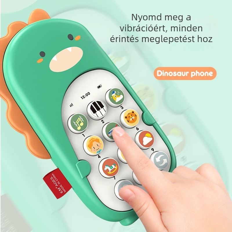 Dínó alakú bébi telefon játék, zenei funkcióval és rágóval, műanyagból, elemmel működik