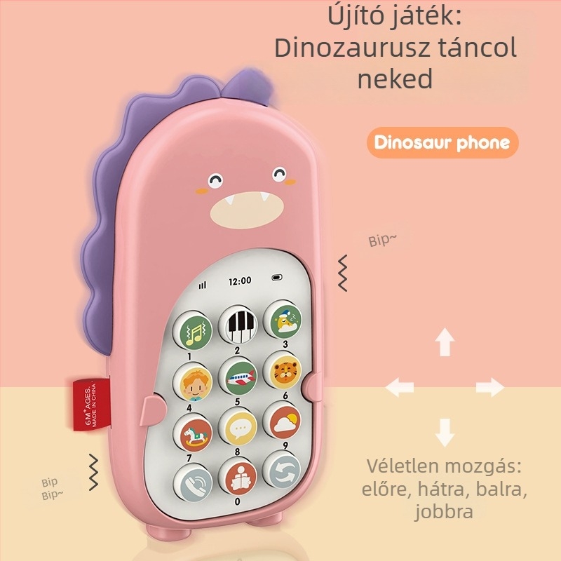 Dínó alakú bébi telefon játék, zenei funkcióval és rágóval, műanyagból, elemmel működik
