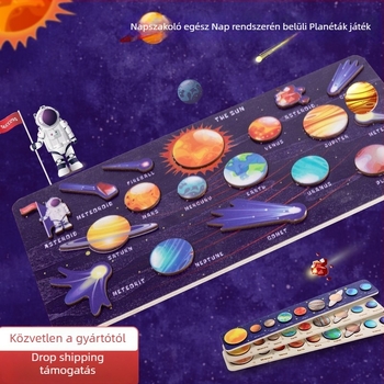 Fából készült oktató puzzle tábla: A Naprendszer nyolc bolygóval, 4–6 éveseknek, blister csomagolás, testreszabható térkép