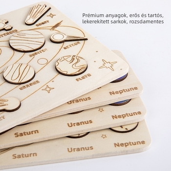 Fából készült oktató puzzle tábla: A Naprendszer nyolc bolygóval, 4–6 éveseknek, blister csomagolás, testreszabható térkép