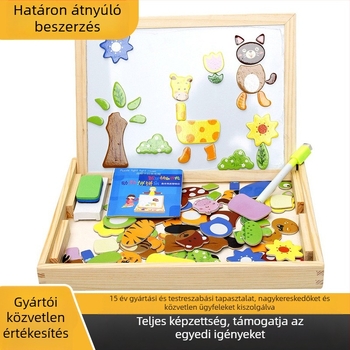 Fából készült mágneses sík puzzle kettős oldalú rajztáblával, állatmotívumokkal, 4–6 éves gyermekeknek