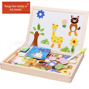Fából készült mágneses sík puzzle kettős oldalú rajztáblával, állatmotívumokkal, 4–6 éves gyermekeknek