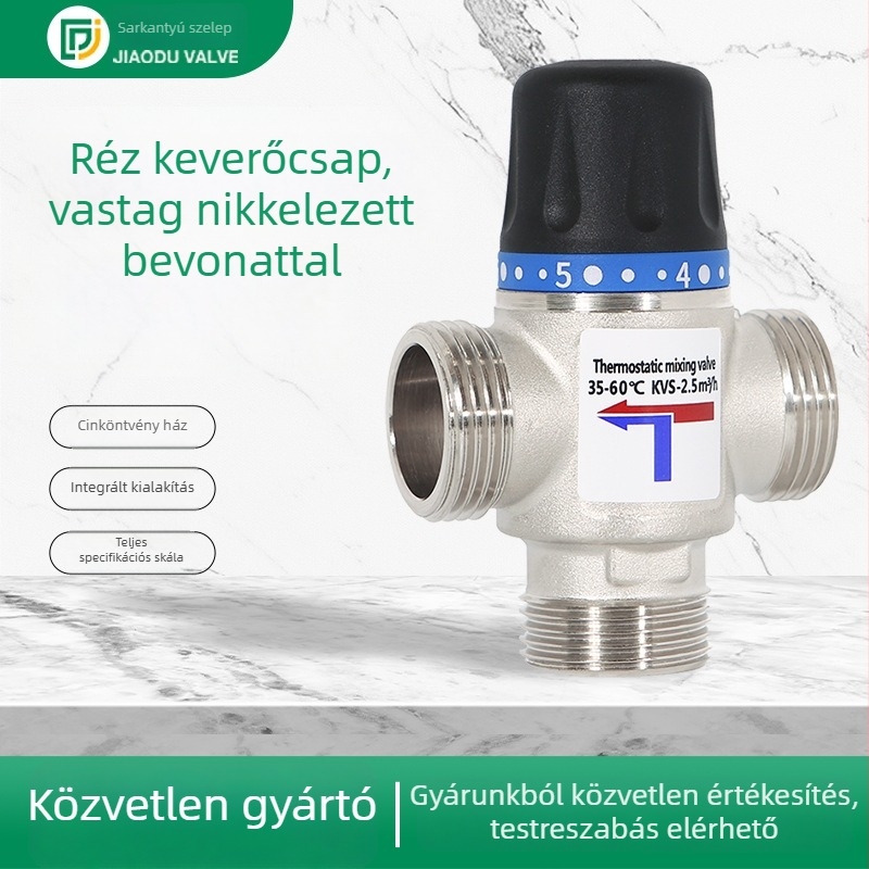 Termosztatikus vízkeverő szelep, modell JD-NPHSF, működési nyomás 1.6 MPa, forró víz hőmérséklete 95°C, kimeneti áramlás 1.6–2.5 L/min, átmerő 20–25 mm
