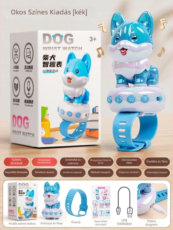 Gyerekeknek szánt AI beszéd-dialógusú okos kutya karóra játék, felvétel és éneklés–tánc funkciókkal | USB töltés, ABS anyag, 4–6 éveseknek