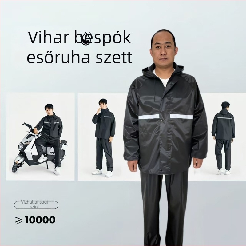 Felnőtteknek szóló Split Oxford anyagú esőkabát és esőnadrág készlet, reflexiós elemekkel, PVC ragasztóval megerősített vízálló réteg, szabadban kerékpározáshoz