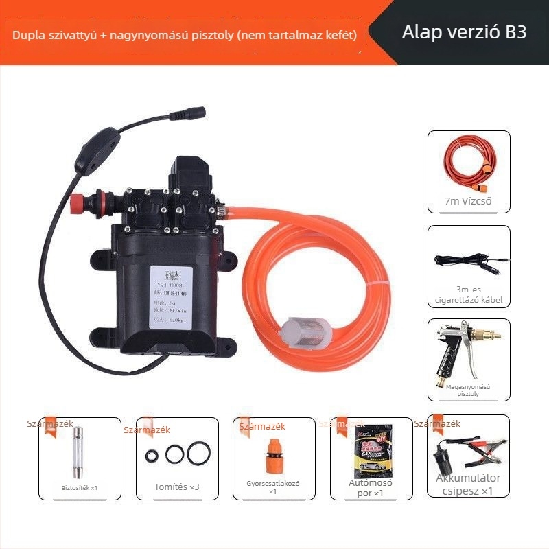 Otthoni magasnyomású intelligens autómosó készülék, hordozható kettős pumpával (60W, tiszta réz, szivargyújtó-tápellátás, tömlő <10 m, pumpa bemeneti teljesítménye ≤10 kW)