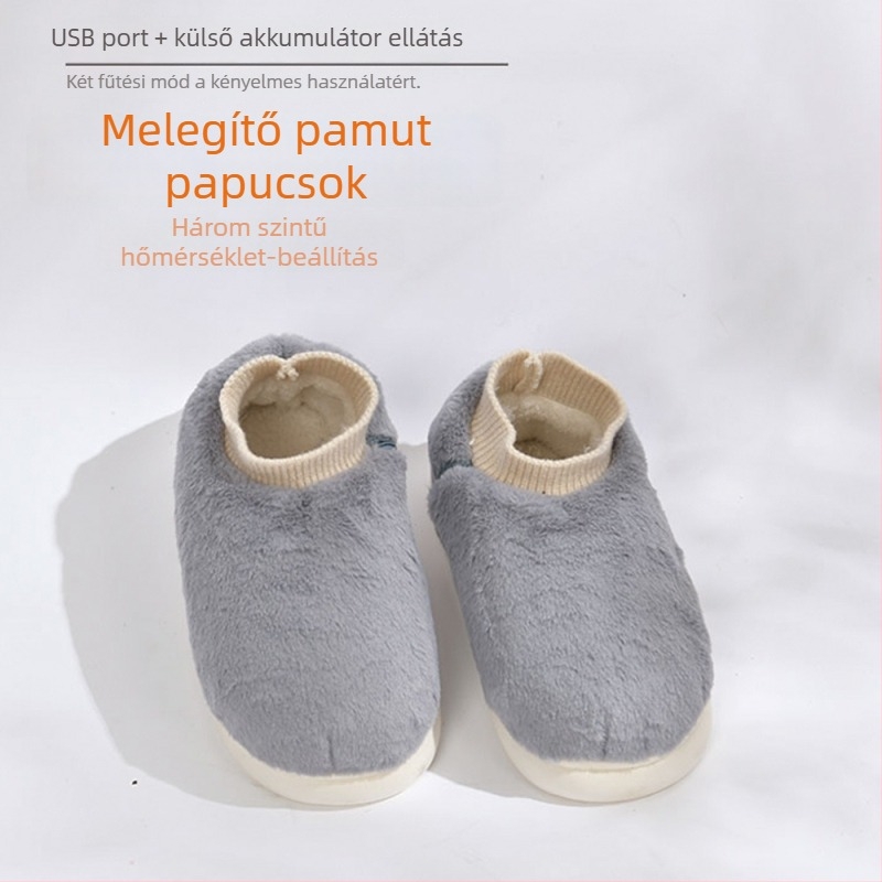 Uniszex USB-melegítő papucs — velúr felsőrész, EVA talp, állítható hőmérsékletű fűtés