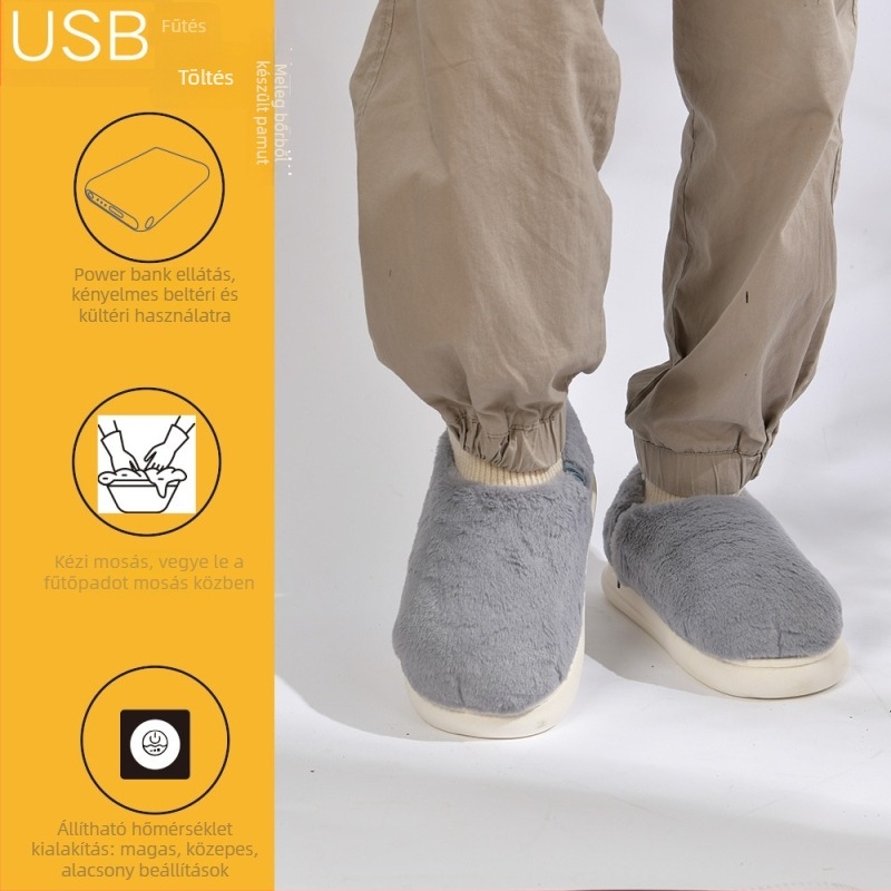 Uniszex USB-melegítő papucs — velúr felsőrész, EVA talp, állítható hőmérsékletű fűtés
