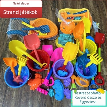 Gyerekeknek készült strandjáték készlet: ATV, vödör, homokóra, ásó és homokozó eszközök (Anyag: műanyag; Csomagolás: hálós zacskó; Korcsoport: 15–35 év; Kategória: strandjátékok)