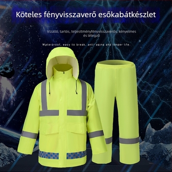 Felnőtt esőruha két részes szett motoros és elektromos jármű használatra, fényvisszaverő csíkokkal; vastag jacquard anyag, PVC vízálló réteg, 1 személyre, logó nyomtatott