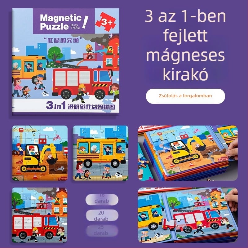 Mágneses autó puzzle, 45 darab, tűzoltó téma, 3–6 éveseknek, anyag: papír