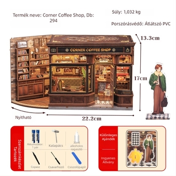 Faanyagú 3D puzzle: sarok kávézó és pékség, DIY kis házikó, logó OEM testreszabás, közepes nehézség, 7–14 éveseknek, összeszerelési idő 5–6 óra